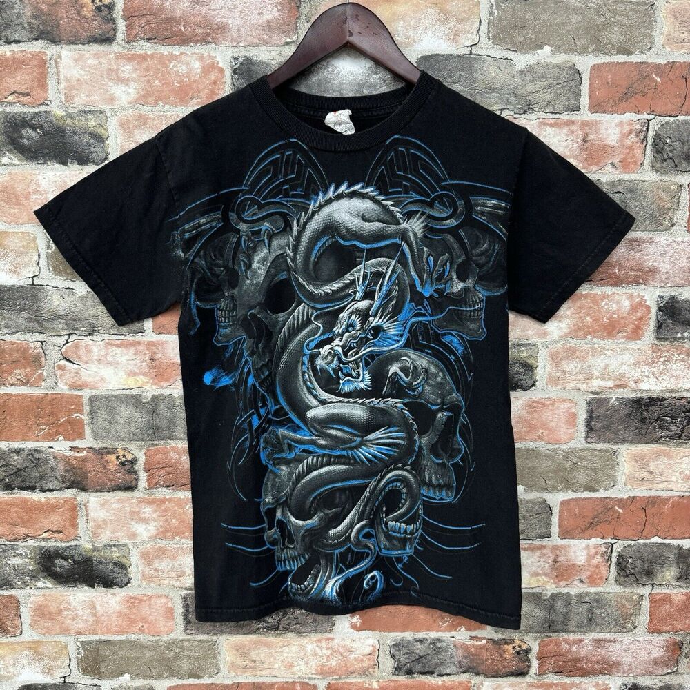 Vintage Y2K Skulls Dragon T-Shirt Men’s Small Black Affliction Style Flame